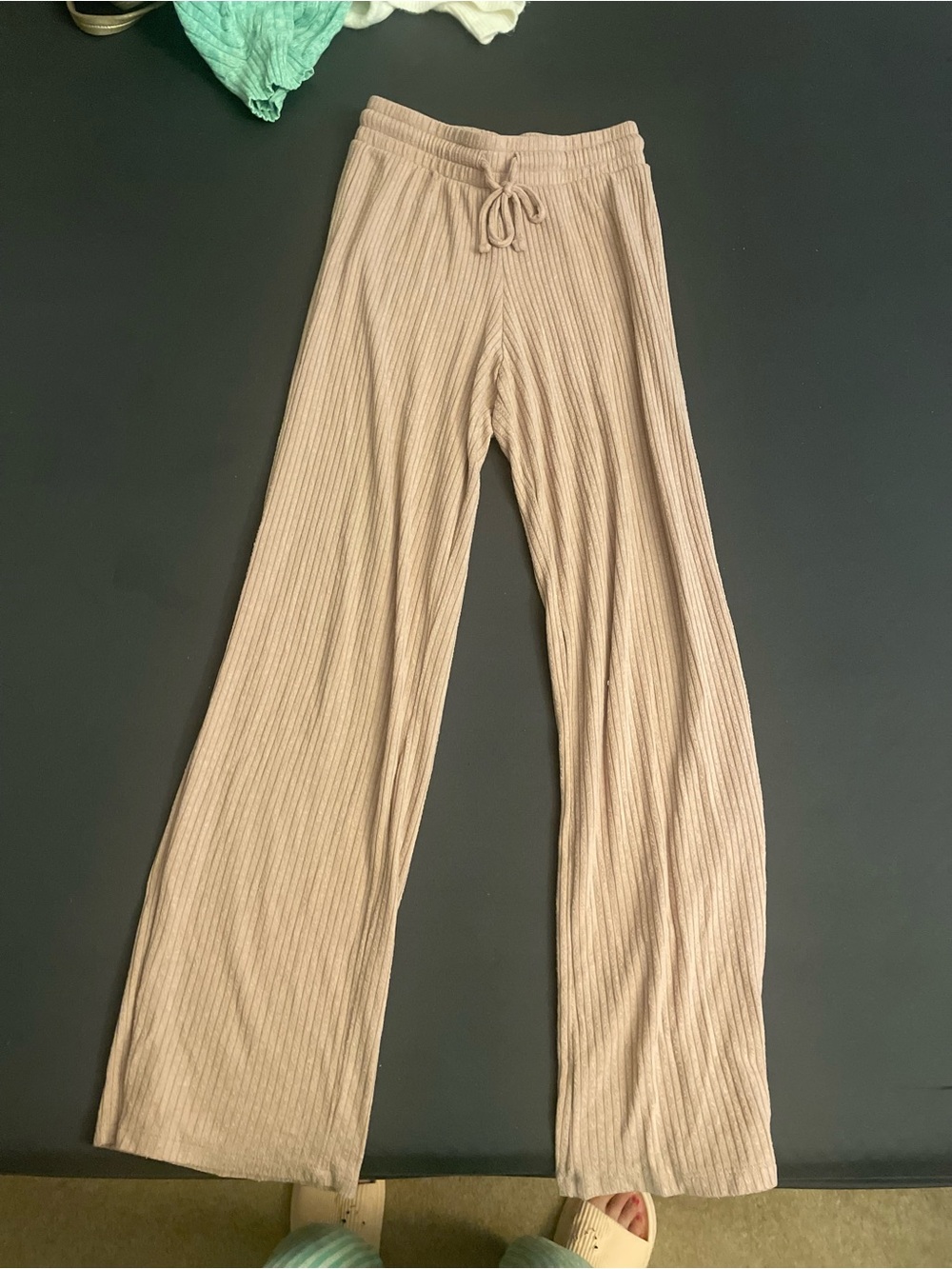 Pink Rose Ribbed Wide-Leg Drawstring Pants in Light Beige
